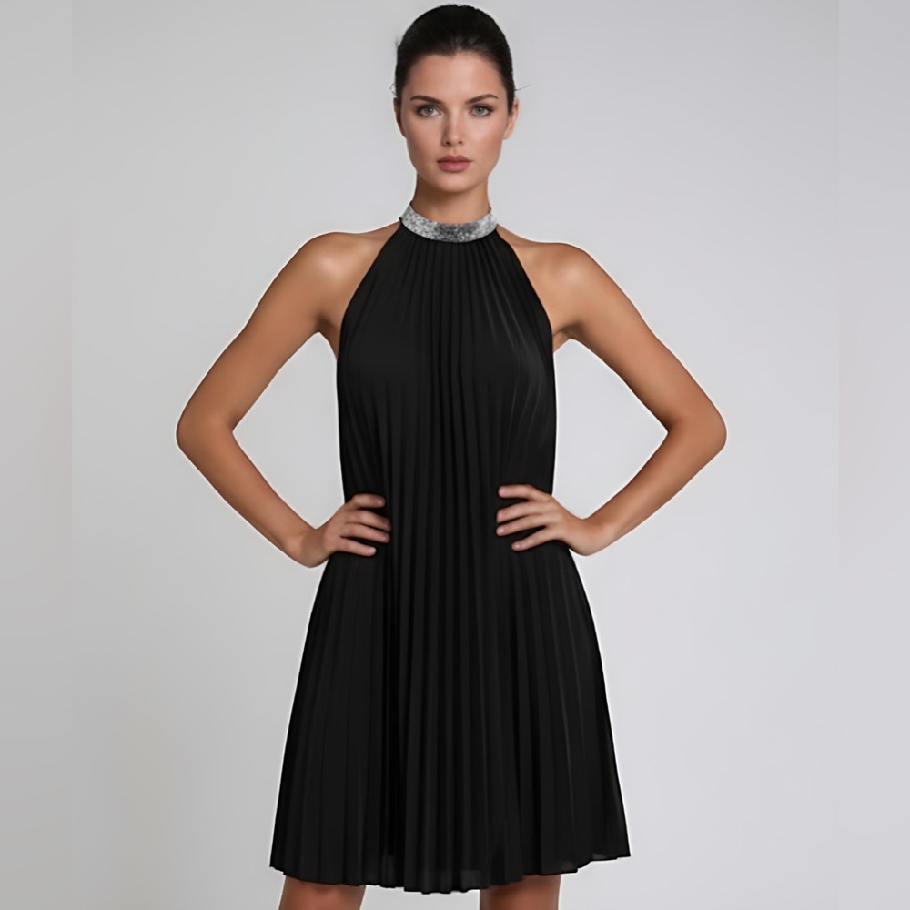 Black Sequin Pleated Detail Halter Neck Dress